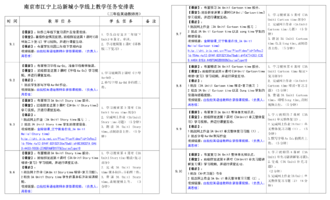 线上教学任务安排表（三年级英语教师用）